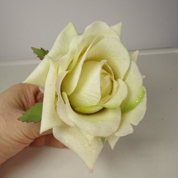 Other - White Rose soft Corsage Glittered with Alligator Clip 4x4 Spring Hat Attachment